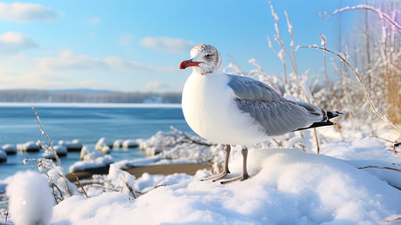 Winter Seagull Bird among the snow coast.の素材