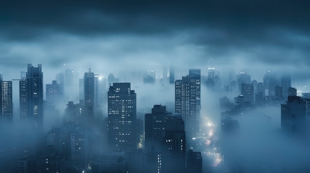 The night city in the fog is tall buildings in a thick fog.の素材