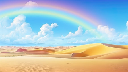 Rainbow in the desert colored stripes against the background of sandy dunes.の素材