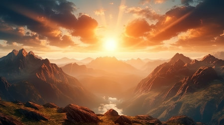 The sunrise in the mountains of the rays penetrate the top.の素材