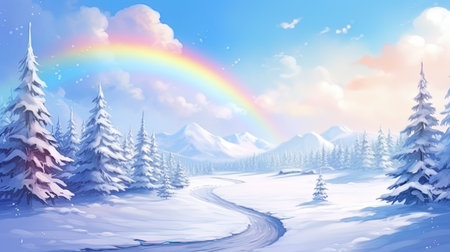 Winter rainbow rainbow against the background of a snow landscape.の素材