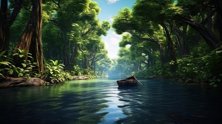 Tropical river Swimming in a boat in the forest.の素材