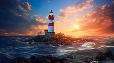 The picturesque lighthouse is a luminous tower on the ocean.の素材