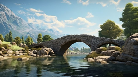 The ancient bridge is a stone arch above a mountain river.の素材