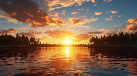 The sunset on the lake Sun goes over the horizon above the water.の素材