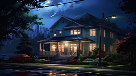 The house among the lights of the night city landscape.の素材
