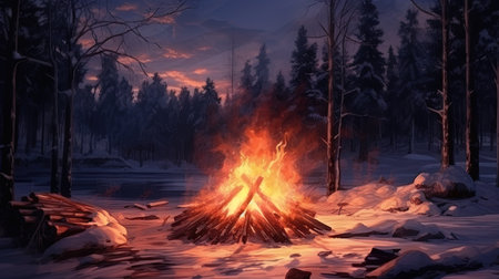 Winter bonfire is a fire among a snowy nature.の素材