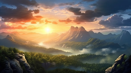 The rising sun first rays illuminate the mountains.の素材