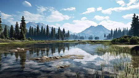 The calm of the lake is a reflection of the mountains in quiet water.の素材