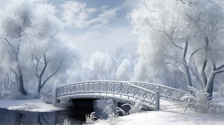 Winter Fairy Tale Bridge across the River in the Winter Forest.の素材