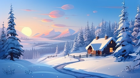 Winter idyll is a house with a fireplace among snowy nature.の素材
