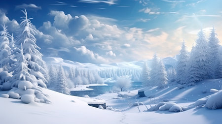 Winter fairy tale snow hills and forests in snowflakes.の素材
