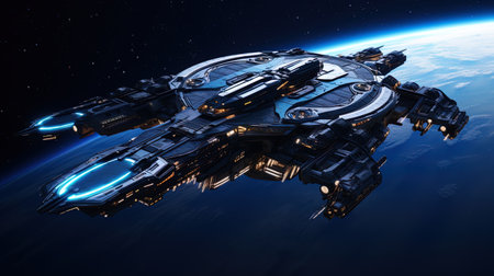 A spacecraft of a futuristic ship in outer space.の素材