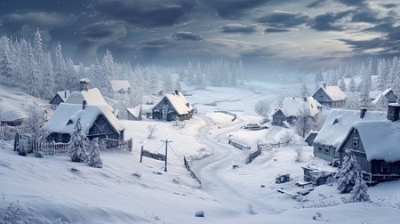 Winter village of houses drowning in the snow.の素材