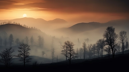 Through the fog of the silhouettes of trees in a foggy valley.の素材