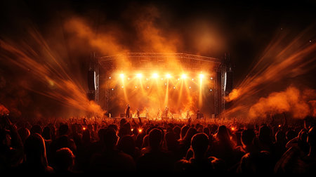 A crowd in fire: colorful stage spotlights create an epic picture at a concert.の素材