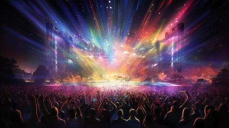 A cascade of light around an enthusiastic crowd absorbed in the sounds of music and a sea.の素材
