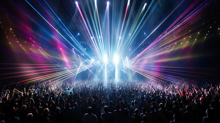 A crowd in a whirlwind of light show: color scenic rays turn a concert into a visual festival.の素材