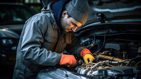 A technical professional who checks the electrical system of the car with his careful hands.の素材