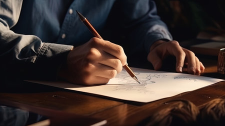Mokap hands with a pen, creating an atmosphere of creative process and writing.の素材