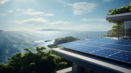 Solar panels against the background of the ocean are the perfect combination of pure energy and end.の素材