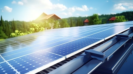 Sunny panels on the roof of the house - a symbol of transformation into an environmentally friendly.の素材