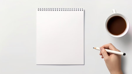 A hand with a pencil over a white blank in a moka, suitable for representing ideas and notes.の素材