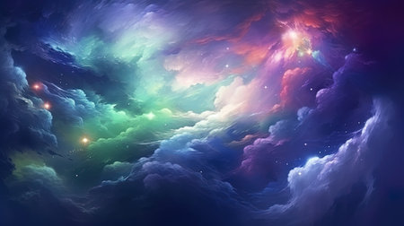 A space cloud painted in the palette strewn with stars: emerald, sapphire and purple shades.の素材