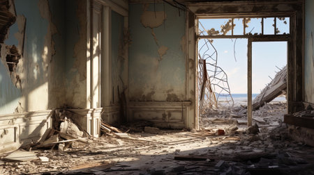 An abandoned house with visible traces of deformation of the structure.の素材