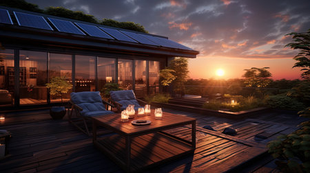 Solar panels, immersed in a soft twilight glow, can create a cozy and relaxing atmosphere.の素材