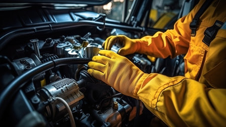 Technical view: the hands of a car service specialist who diagnose and repair.の素材