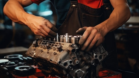The hands of a professional mechanic who concentrated with the car engine.の素材