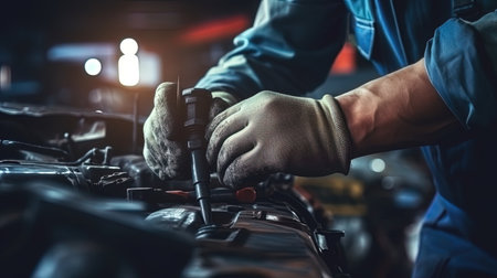 The hands of a car mechanic in the process of repair, where skill and technical skill go hand in ha.の素材