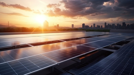 The bright light of the sun caresses the solar panels, emphasizing their modern and stylish design.の素材