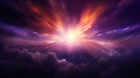 The magic rays of light in the cosmic cloud, reflecting the shades of dark purple and orange.の素材