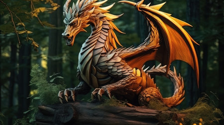 A wooden dragon in the forest is a symbol of power and harmony.の素材