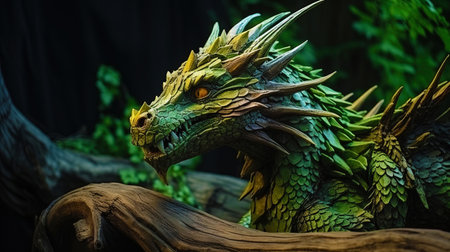 A wooden dragon in green captivity is art and nature.の素材
