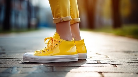 Yellow sneakers will easily introduce a bright accent to everyday style.の素材