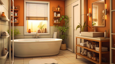 A bathroom with a warm color palette and suspended shelves.の素材