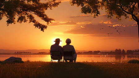 A calm evening picture of an elderly couple enjoying sunset.の素材