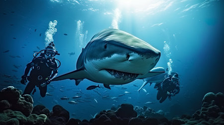 A group of divers observing sharks in the ocean.の素材