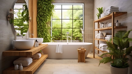Bathroom with natural elements, such as plants and wood.の素材