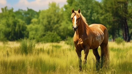 A horse on a pasture grazing in tall grass.の素材