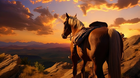 A horse in a saddle, a beautiful sunset is visible from behind.の素材