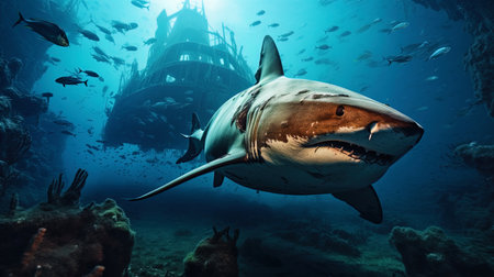A shark circling around a recently sunken ship.の素材