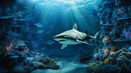 Shark floating along the wall of the coral reef.の素材