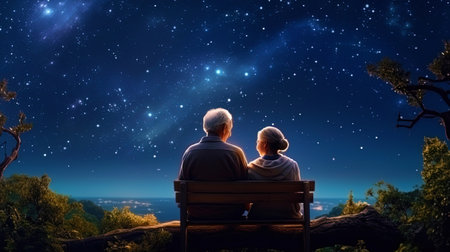 A happy elderly couple, looking at the starry sky in the yard.の素材