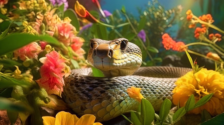A snake among flowering plants in the botanical garden.の素材