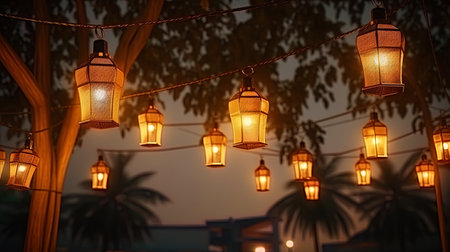 Lamps covering the night air during the festive event.の素材