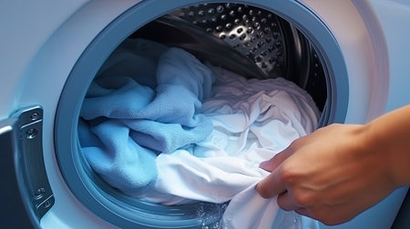 The hand takes a clean shirt from the drum of the washing machine.の素材